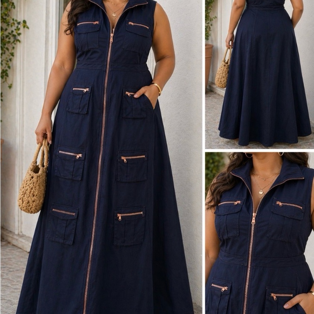 Sleeveless Denim Maxi Dress with Front Rose Gold  Zippers and Utility Pockets